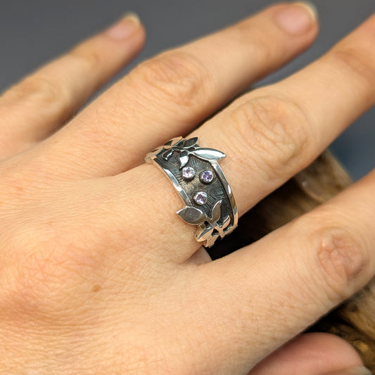 Bague rameaux nocturnes en argent et tanzanites - Mary D. Joaillerie