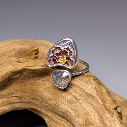 Bague ouverte en argent, iolite et pivoine T54 - Mary D. Joaillerie