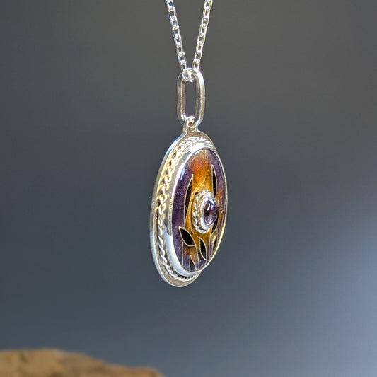 Pendentif couché de soleil en argent, émail et améthyste - Mary D. Joaillerie