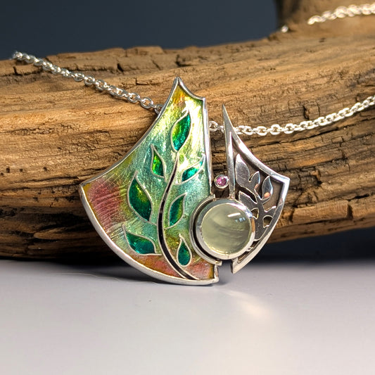 Pendentif asymétriques en argent et émail rose et vert - Mary D. Joaillerie