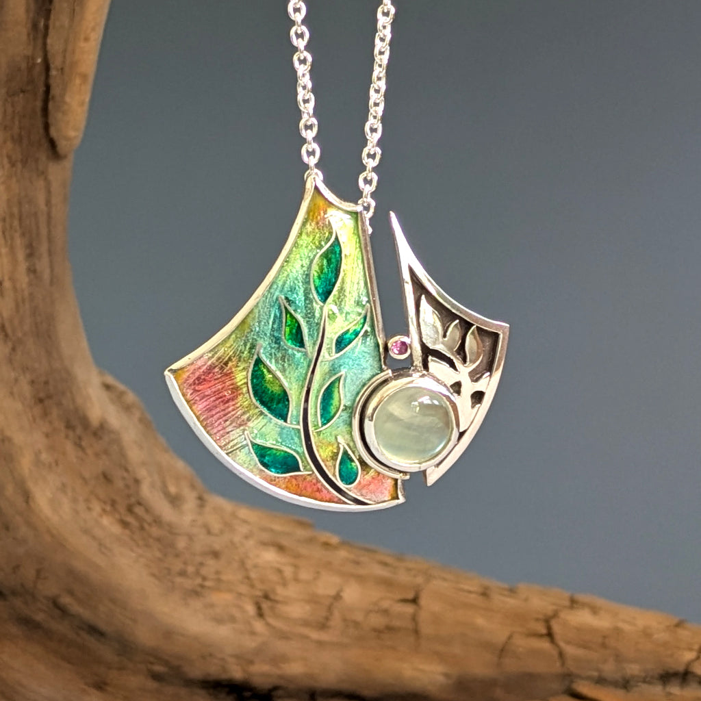 Pendentif asymétriques en argent et émail rose et vert - Mary D. Joaillerie